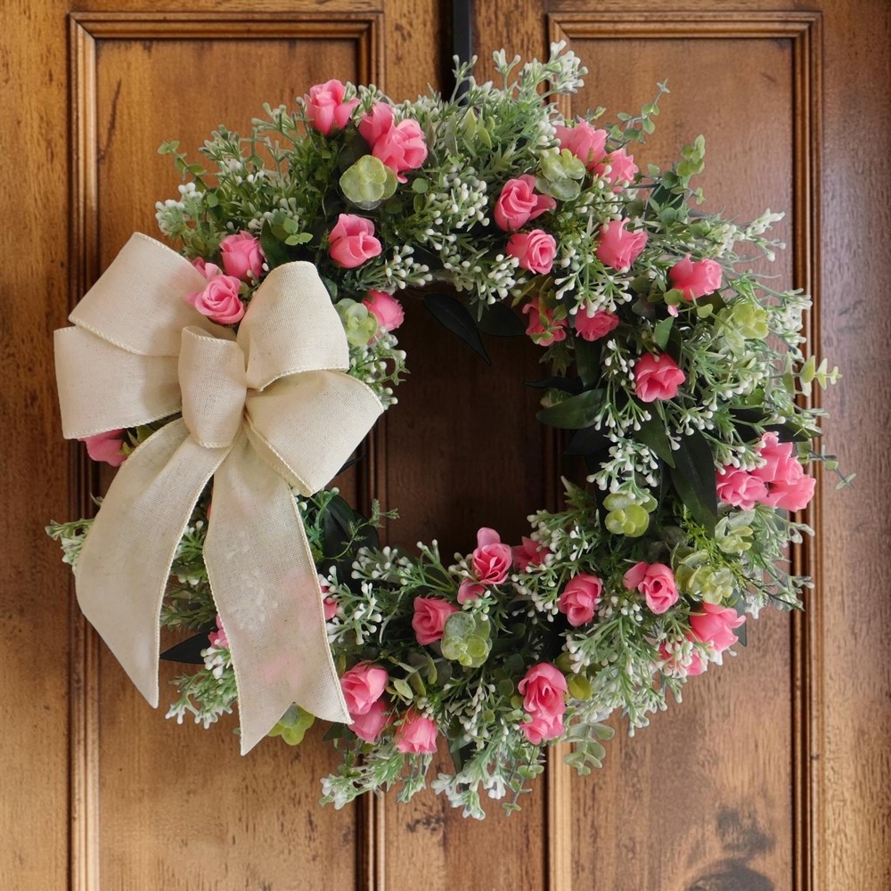 Dusty Miller Rosebud Spring Summer Wreath for Front Door Eucalyptus Pink Roses‎